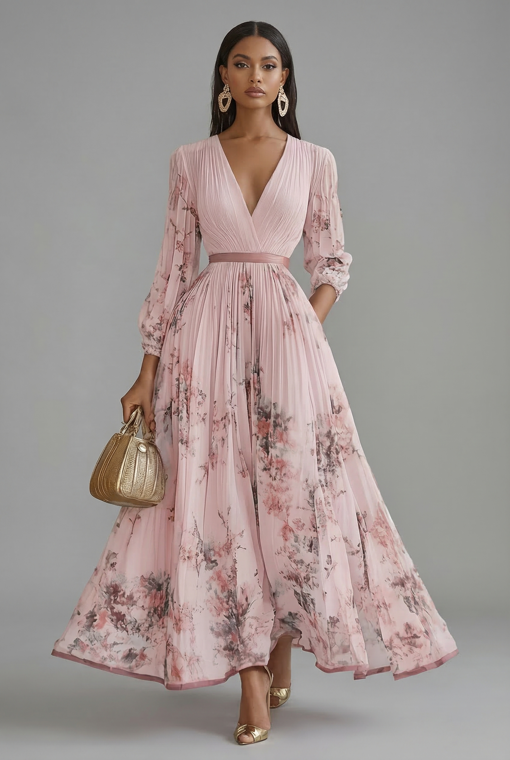 Ascot Floral V-Neck Long Sleeve Maxi Dress