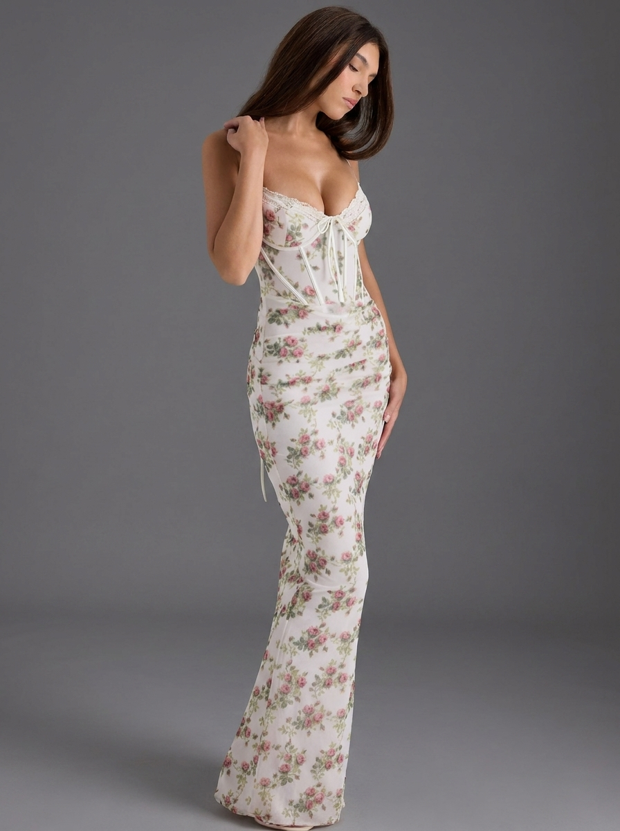 Floral Strappy Corset Occasion Maxi Dress