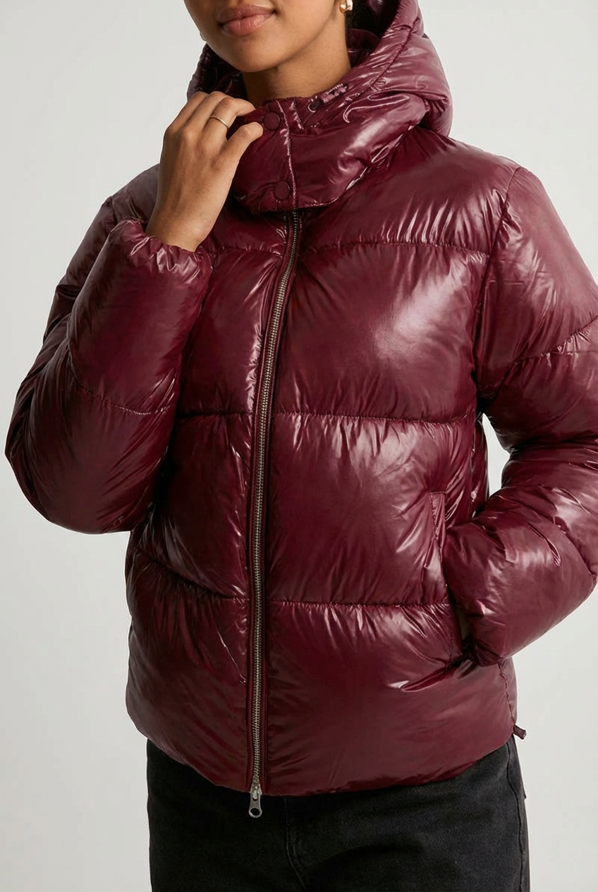 Women's Glossy Hooded Full-Zip Front Puffer Jacket