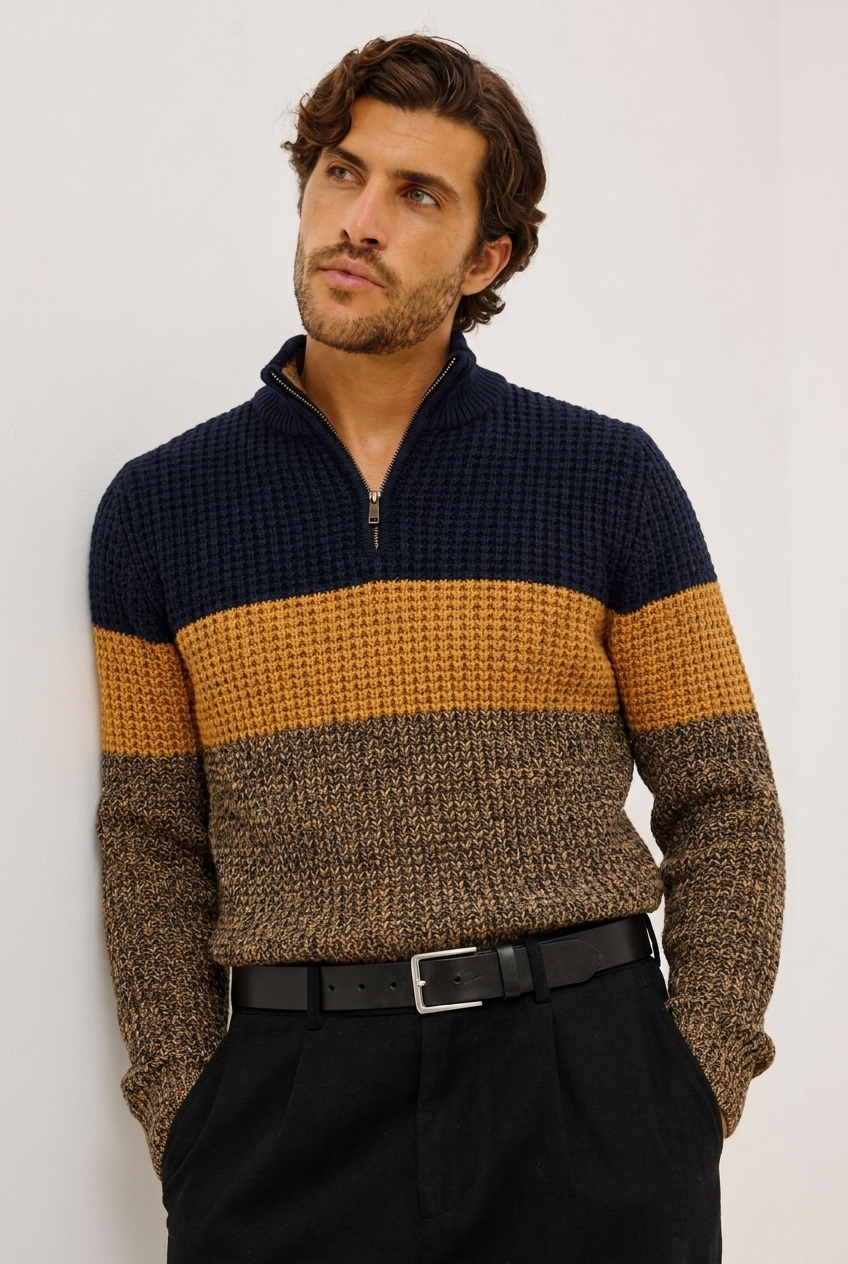 Colour Block Knit Quarter Zip Jumper Men