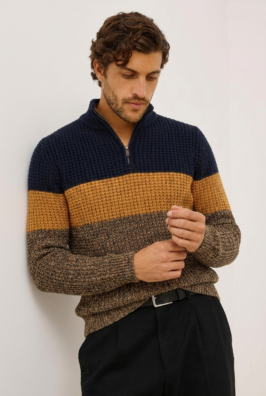 Colour Block Knit Quarter Zip Jumper Men