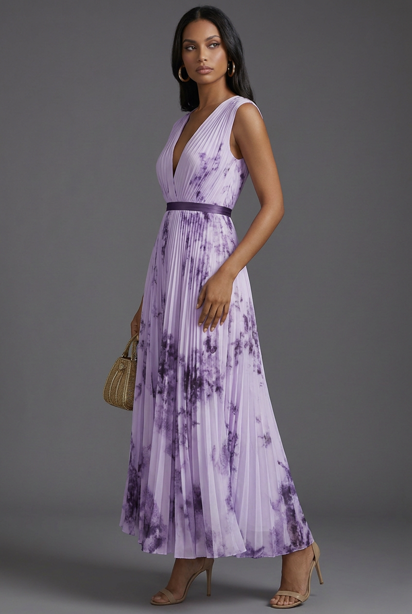 V-Neck Pleated Floral Ascot Midi Wedding Guest Dress