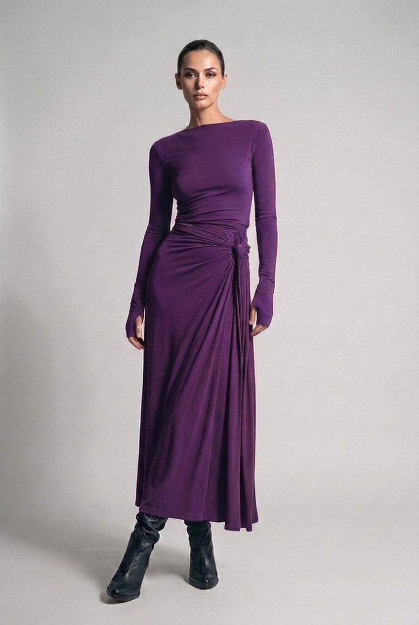 Boat Neck Long Sleeve Twist Front Maxi Occasion Dress