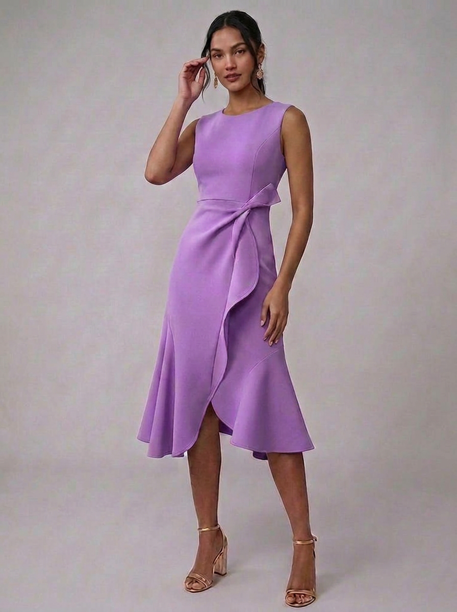 Summer Midi Occasion Dress – Sleeveless Ruffle Front Tie-Waist Holiday Wear