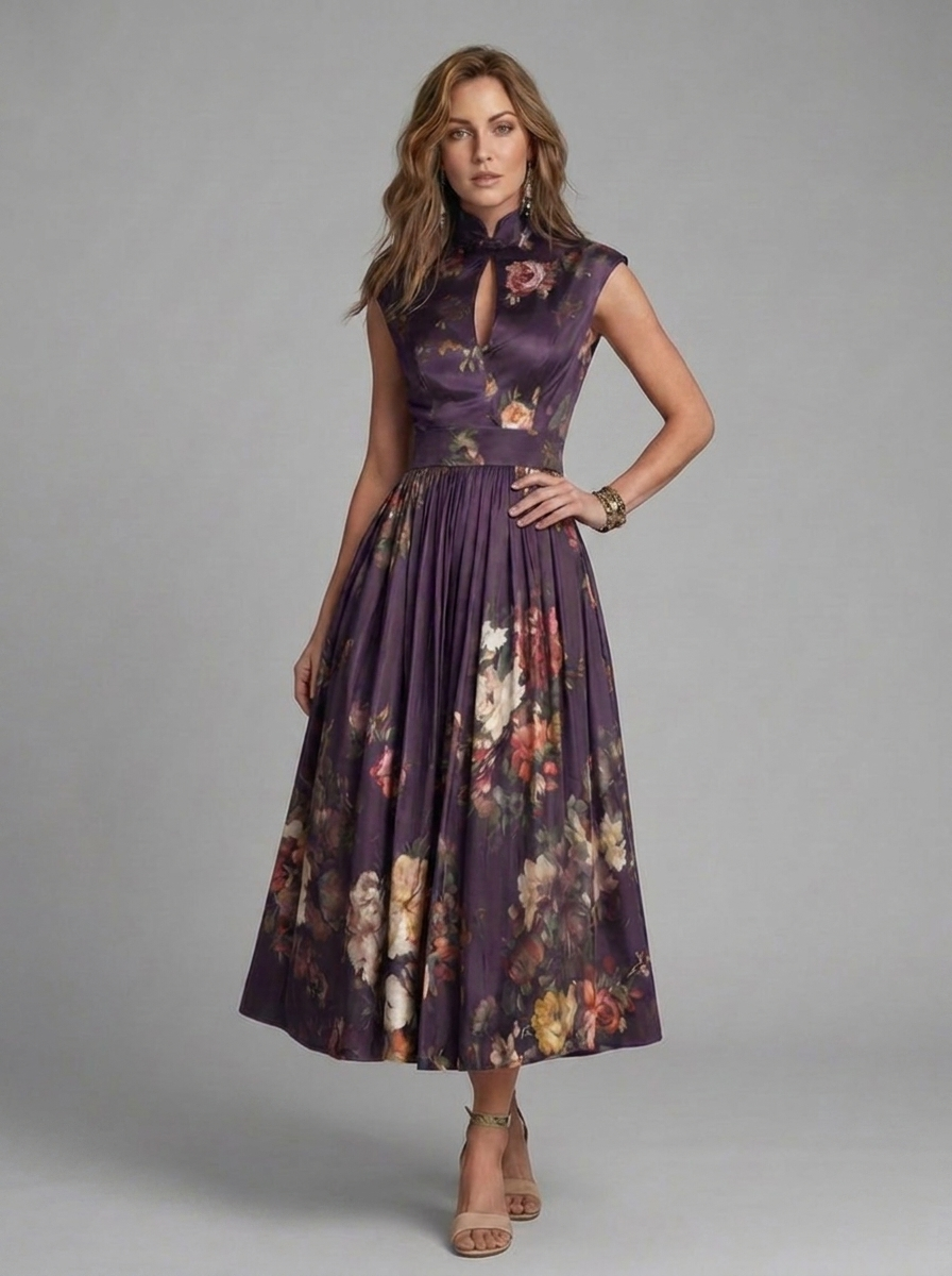 Floral High Neck Pleated Midi Wedding Guest Dress