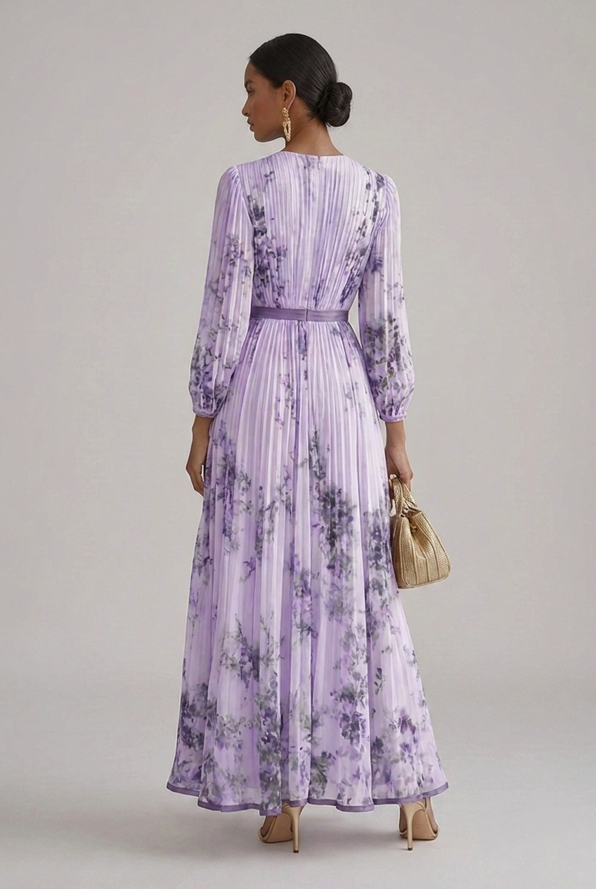 Maxi Wedding Guest Dress Floral V Neck Long Sleeve Pleated