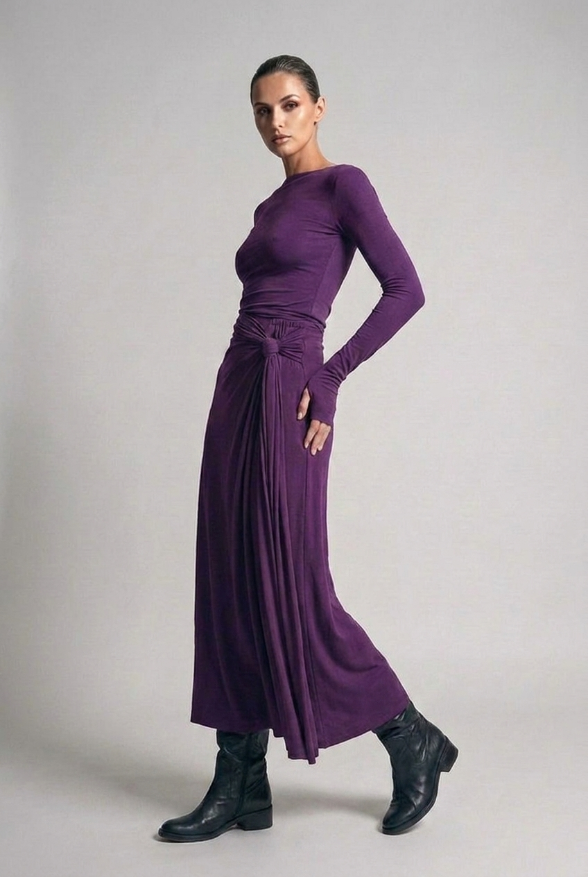 Boat Neck Long Sleeve Twist Front Maxi Occasion Dress