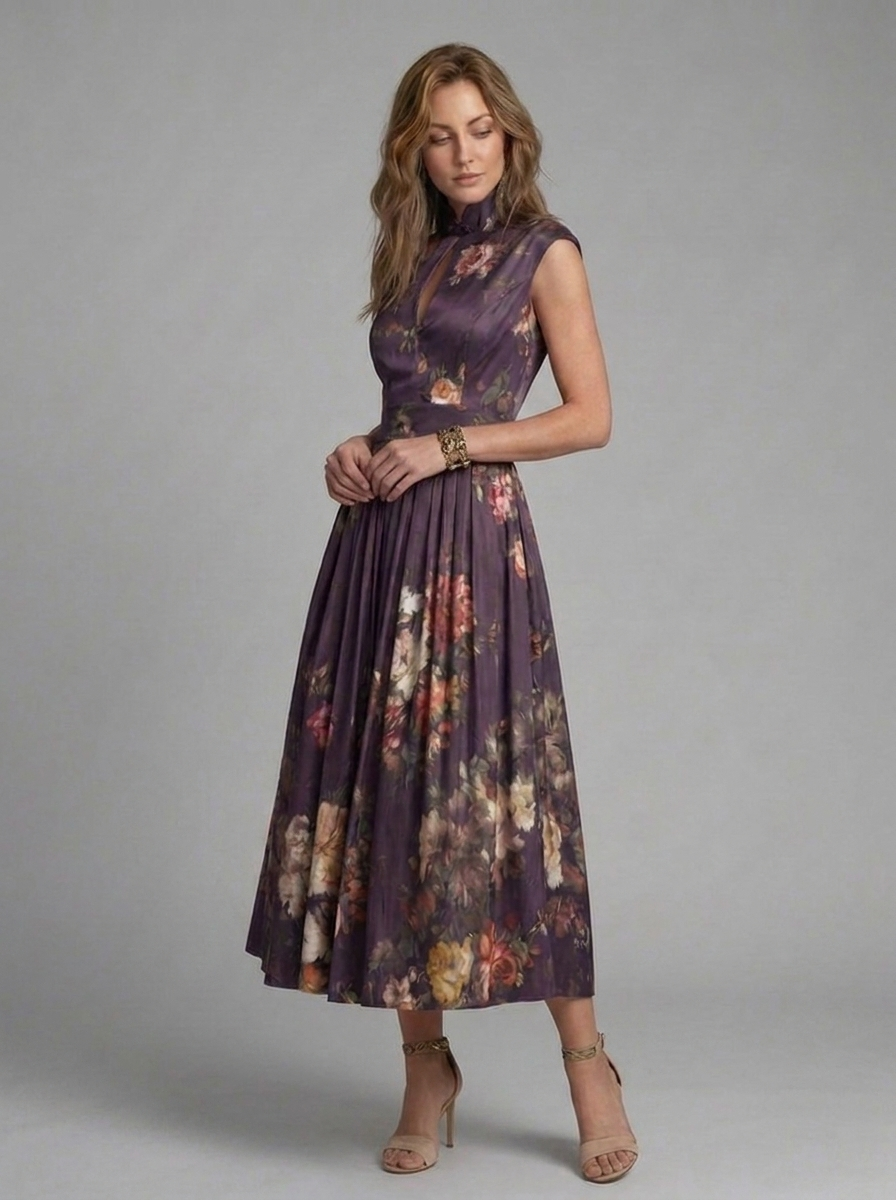 Floral High Neck Pleated Midi Wedding Guest Dress