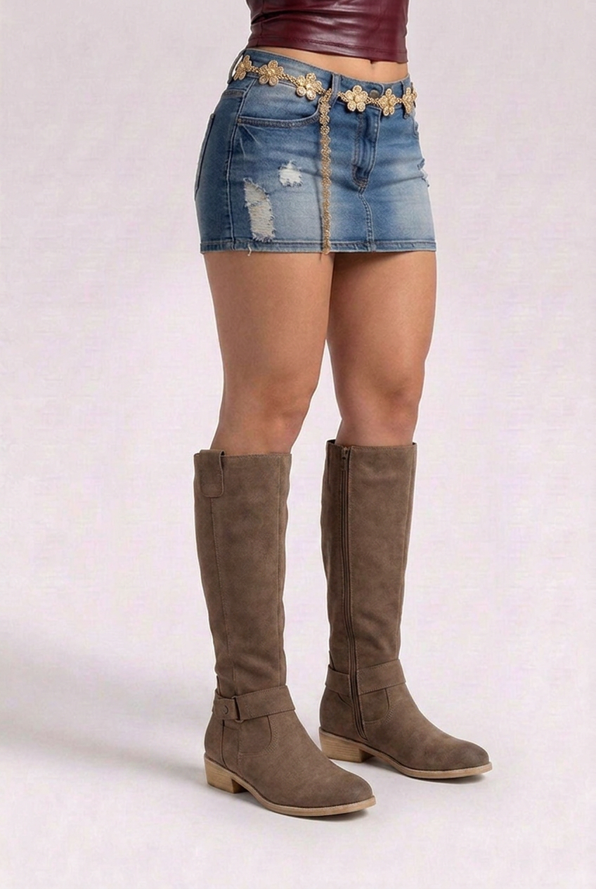 Block Heel Side Slip Knee High Boots Women