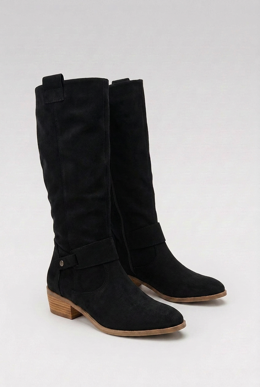 Block Heel Side Slip Knee High Boots Women