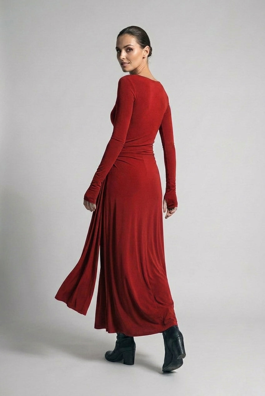 Boat Neck Long Sleeve Twist Front Maxi Occasion Dress