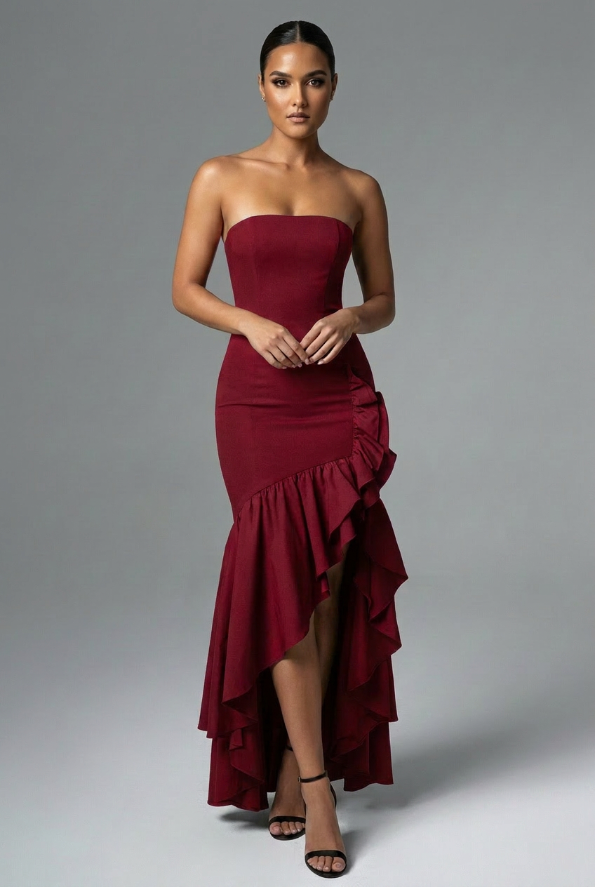 Strapless Bodycon Ruffle Hem Fishtail Maxi Cocktail Dress