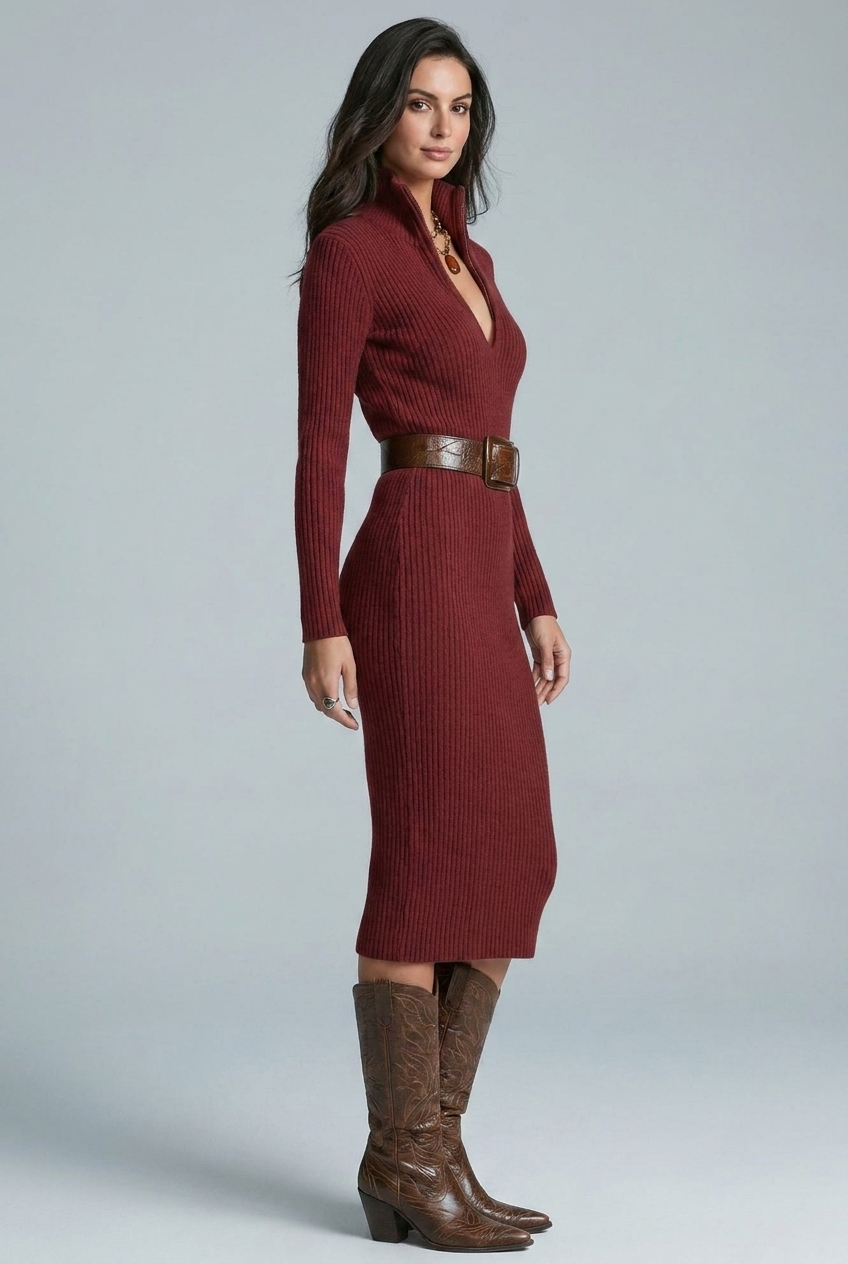 High Neck Ribbed Knit Style Long Sleeve Midi Jumper Dress