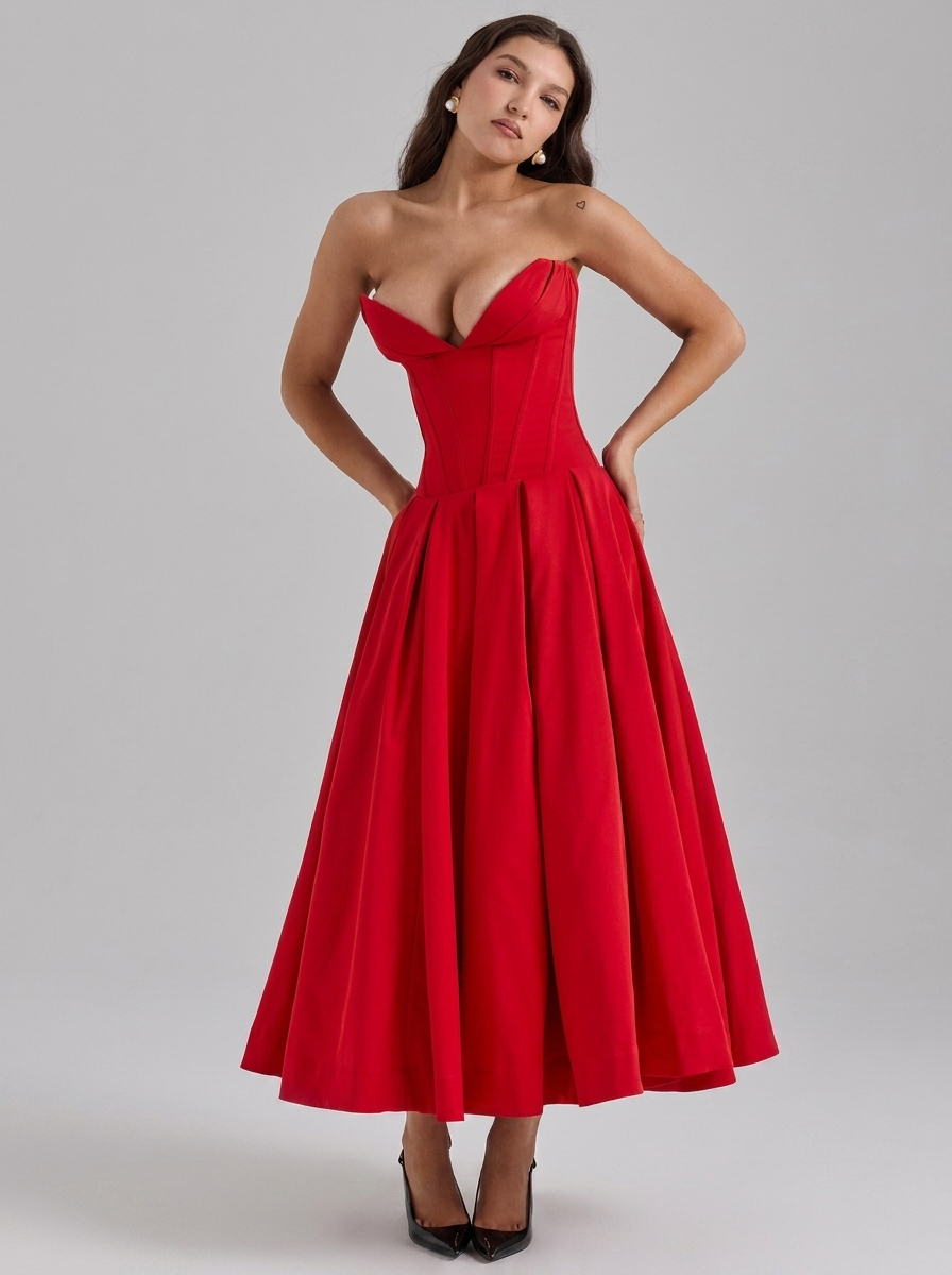 Strapless Corset Pleated Flared Midi Dress