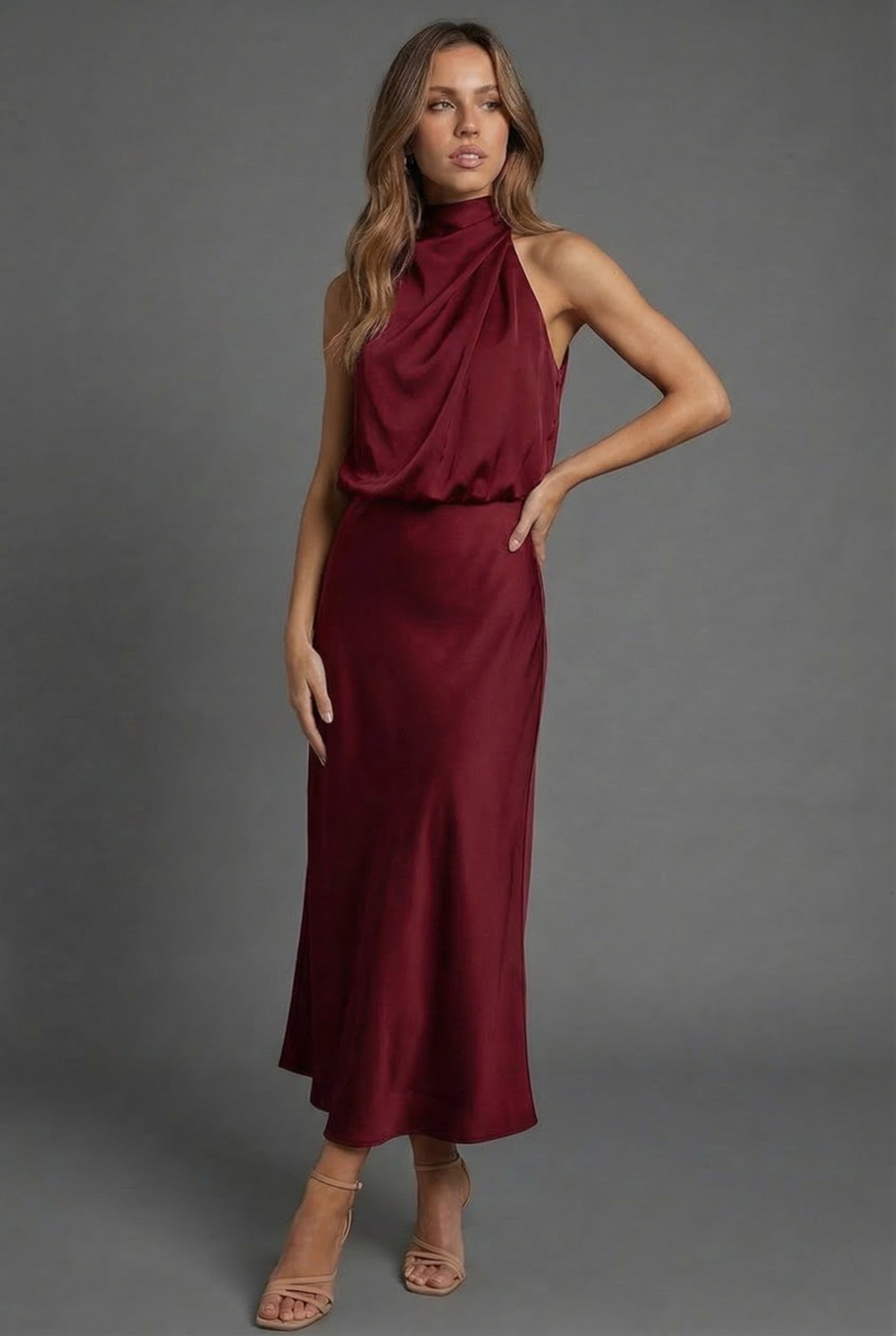 Halterneck Satin Style Wedding Guest Midi Dress
