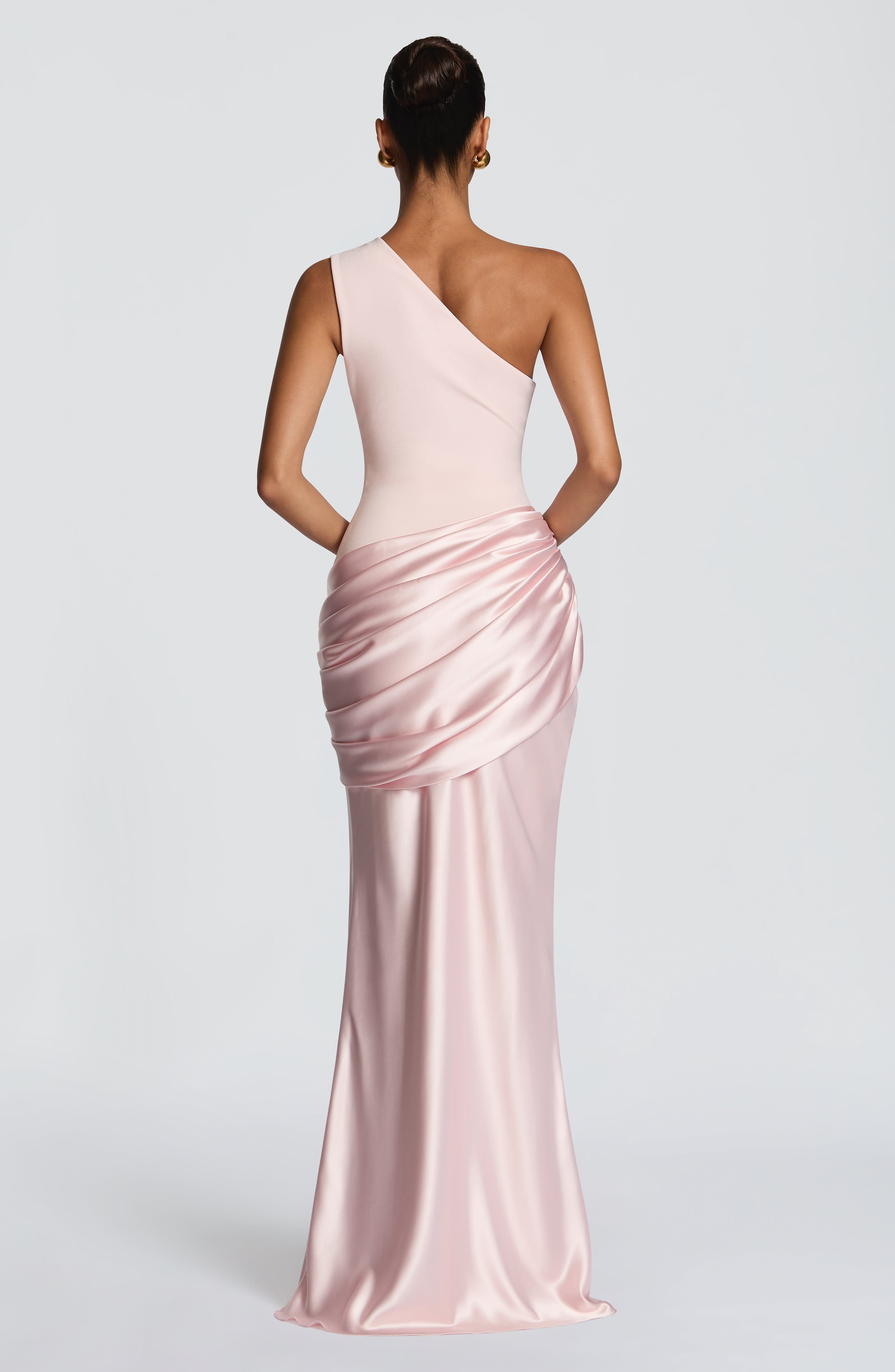 One Shoulder Ruched Draped Satin Style Graduation Dress