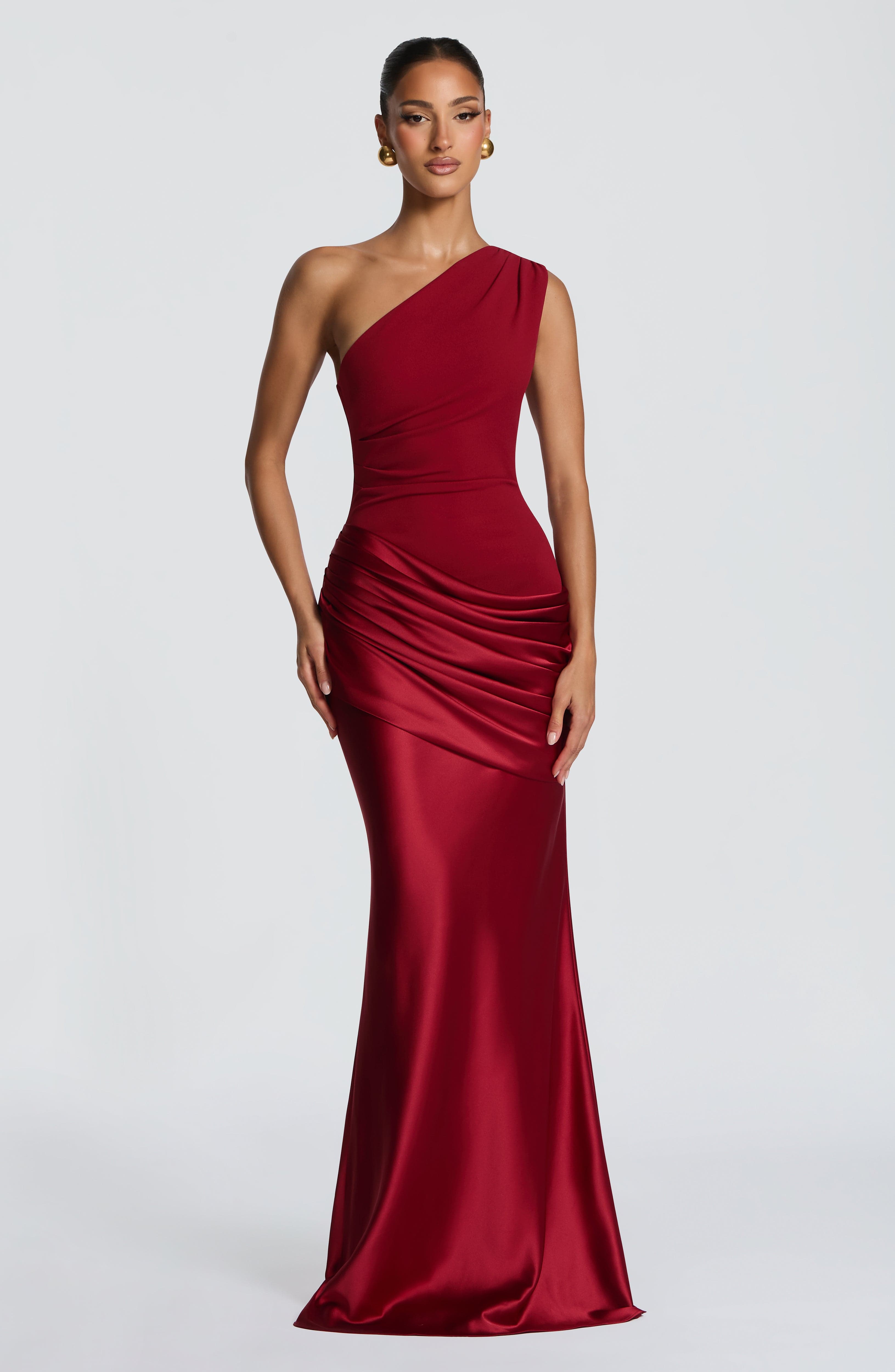 One Shoulder Ruched Draped Satin Style Graduation Dress