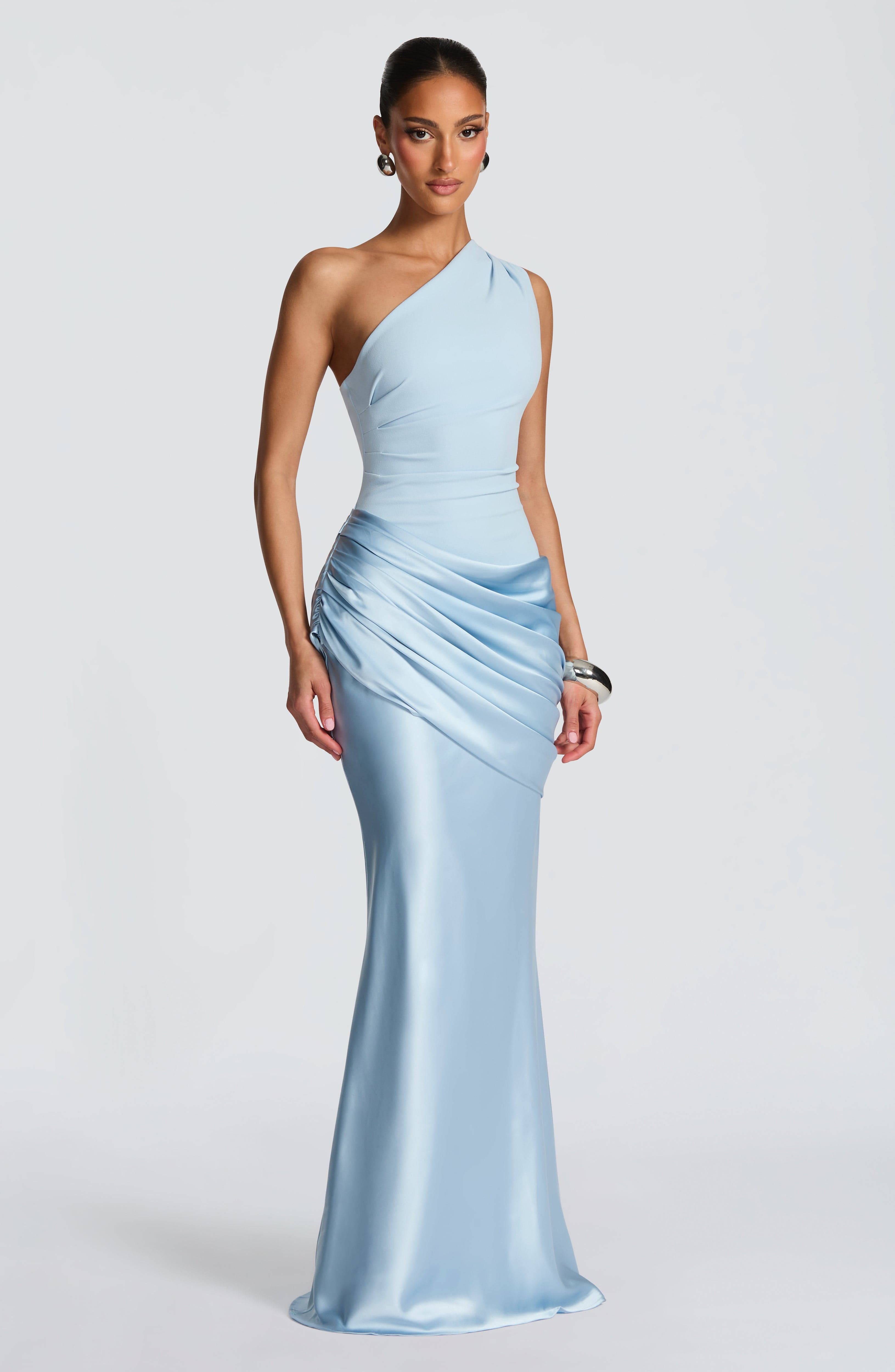 One Shoulder Ruched Draped Satin Style Graduation Dress