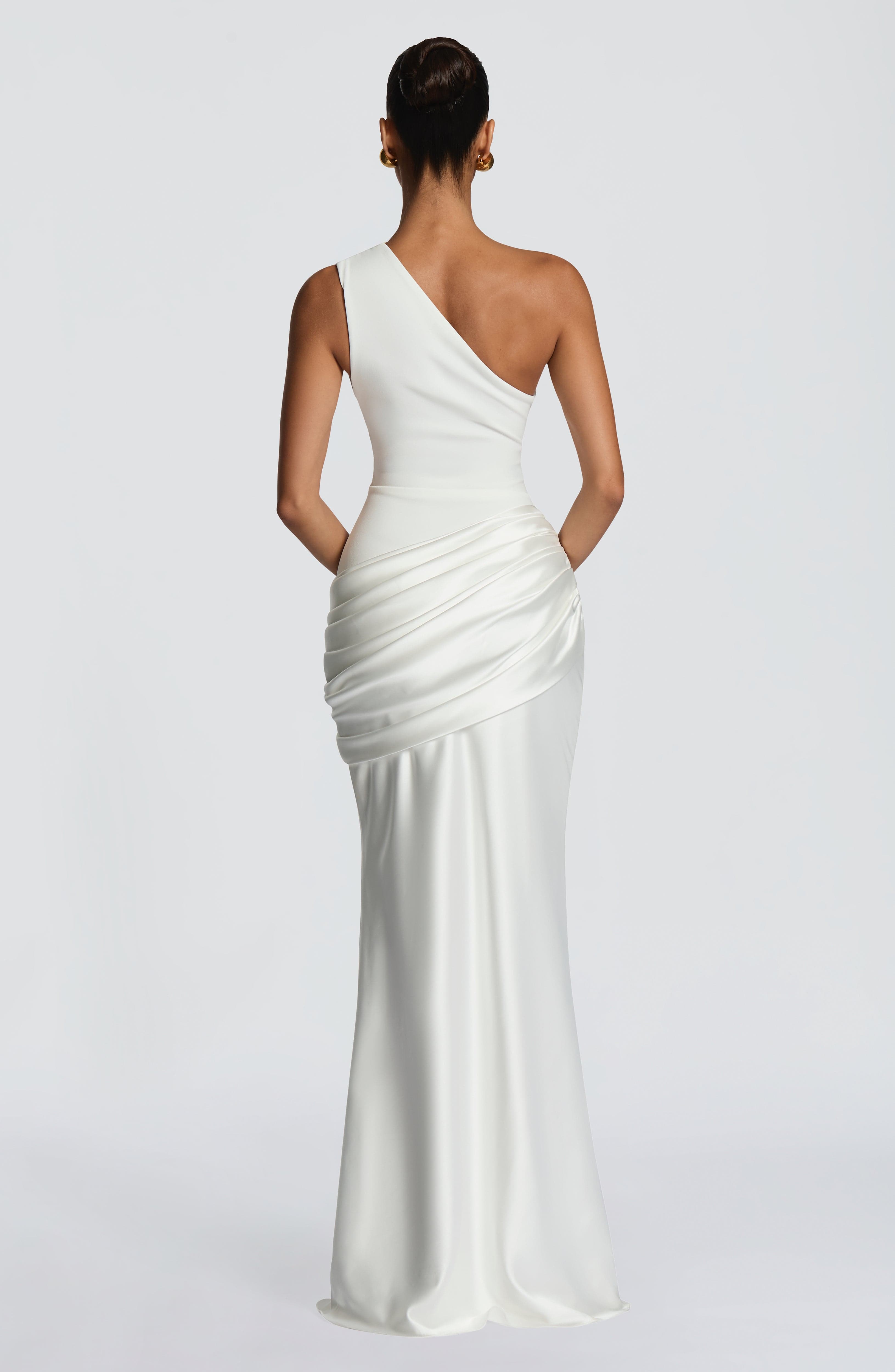 One Shoulder Ruched Draped Satin Style Graduation Dress