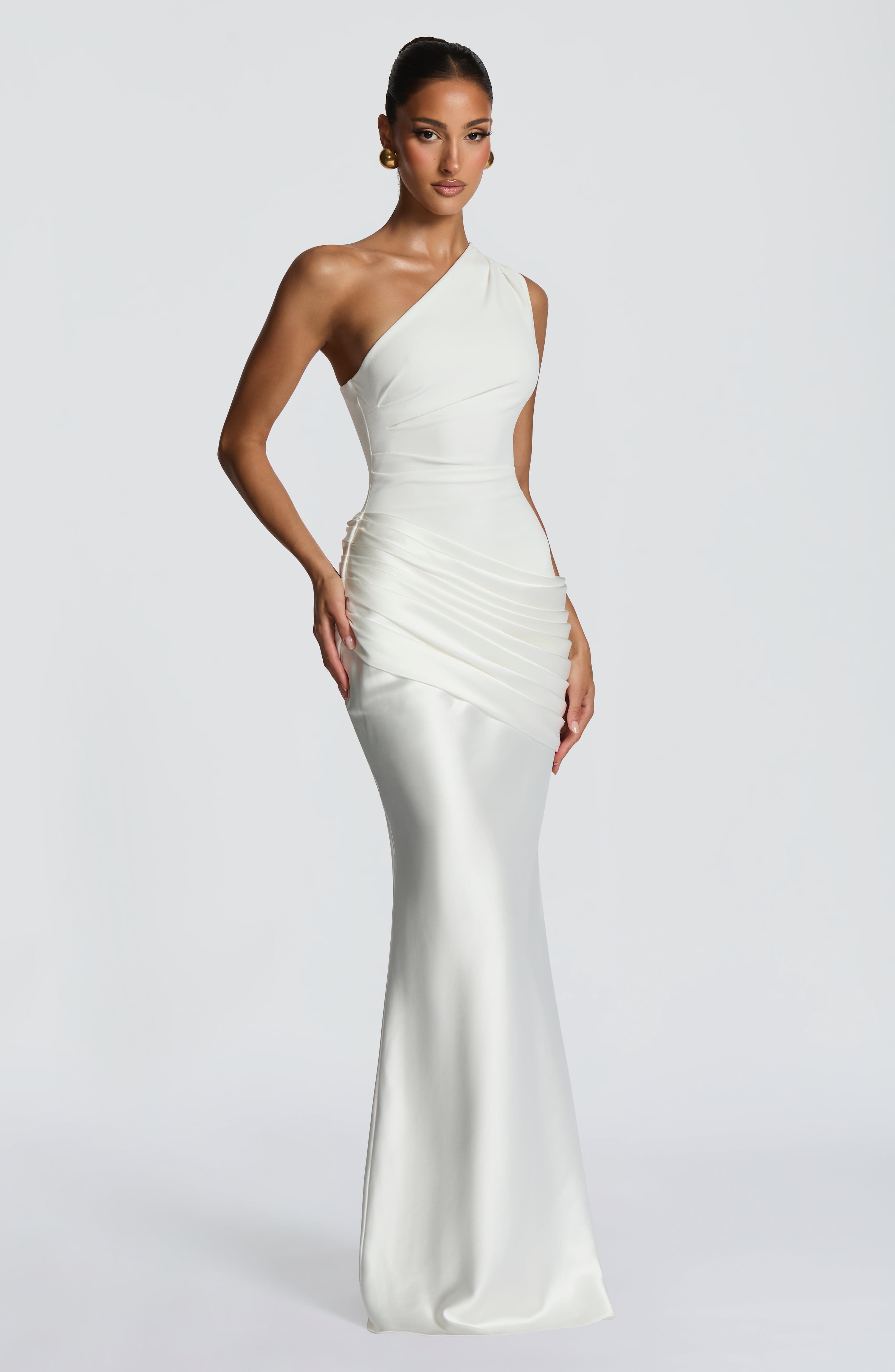 One Shoulder Ruched Draped Satin Style Graduation Dress