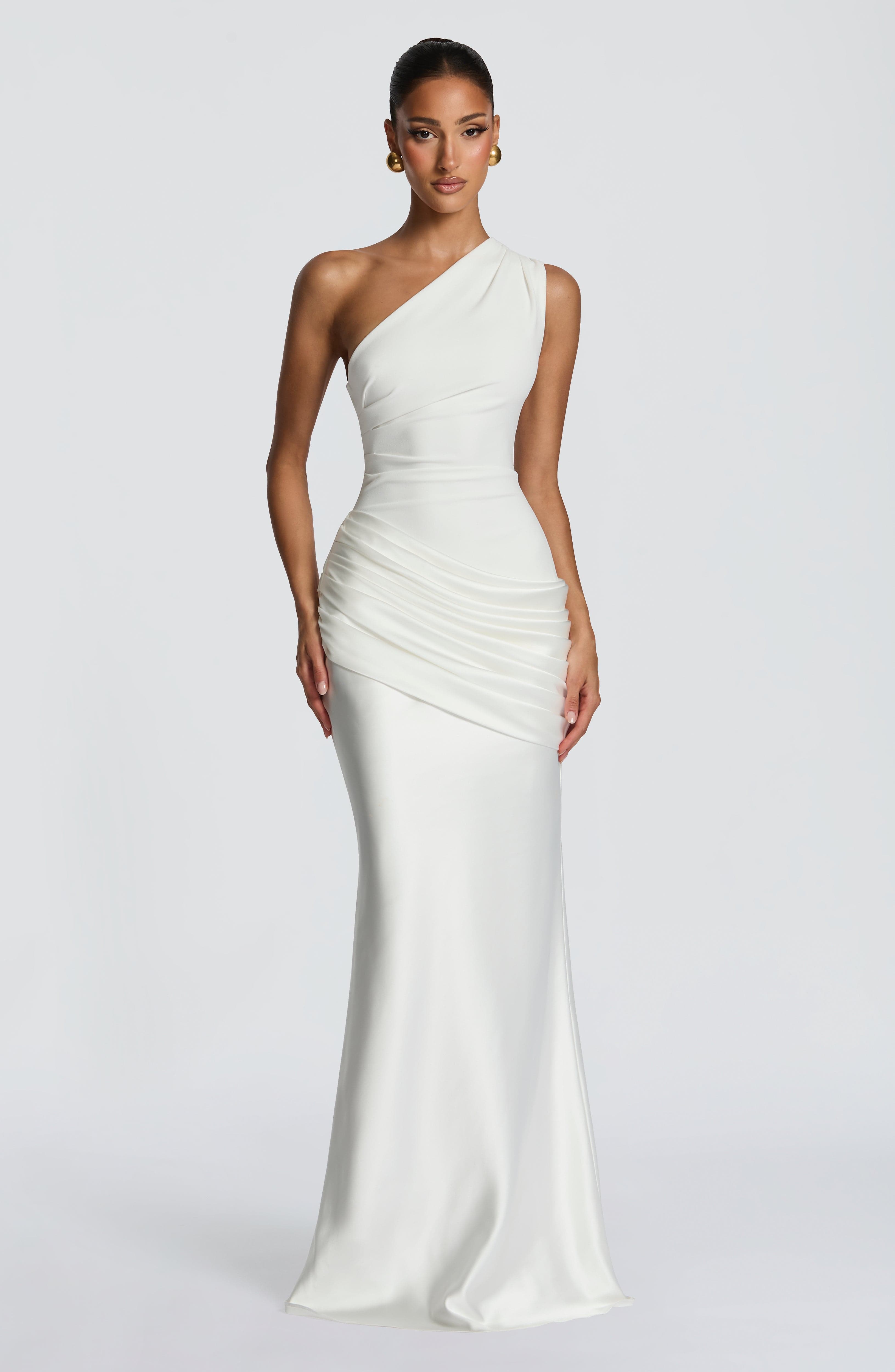One Shoulder Ruched Draped Satin Style Graduation Dress