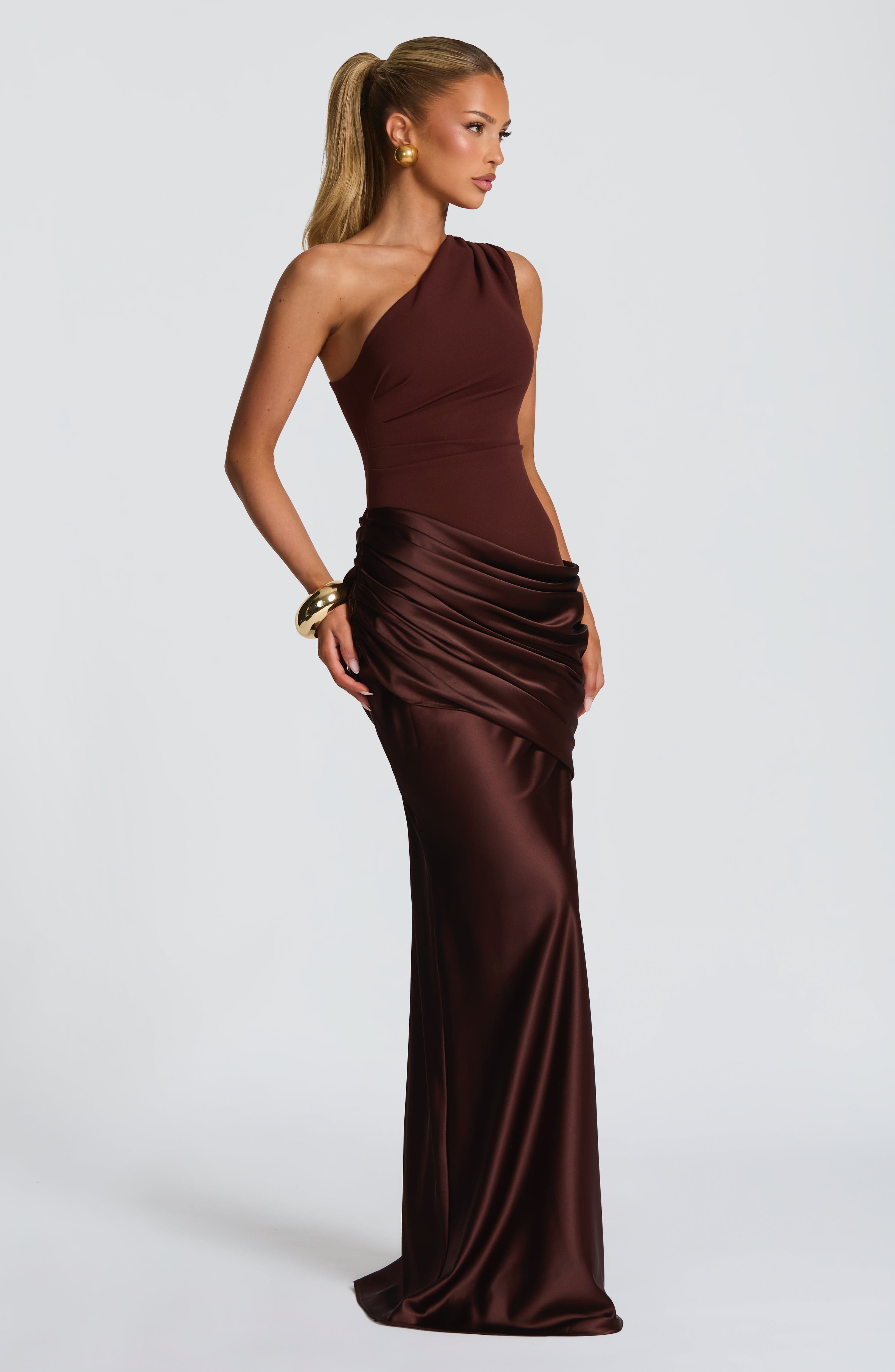 One Shoulder Ruched Draped Satin Style Graduation Dress