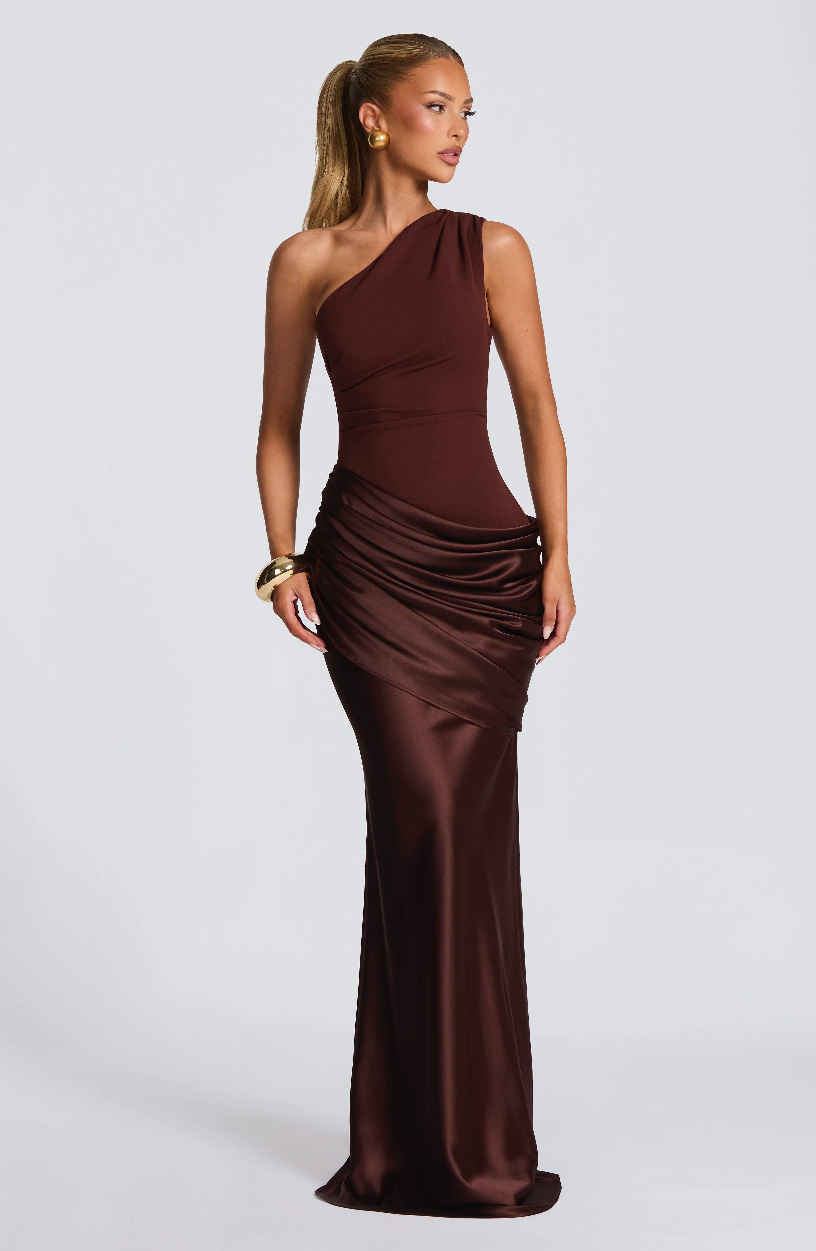 One Shoulder Ruched Draped Satin Style Graduation Dress