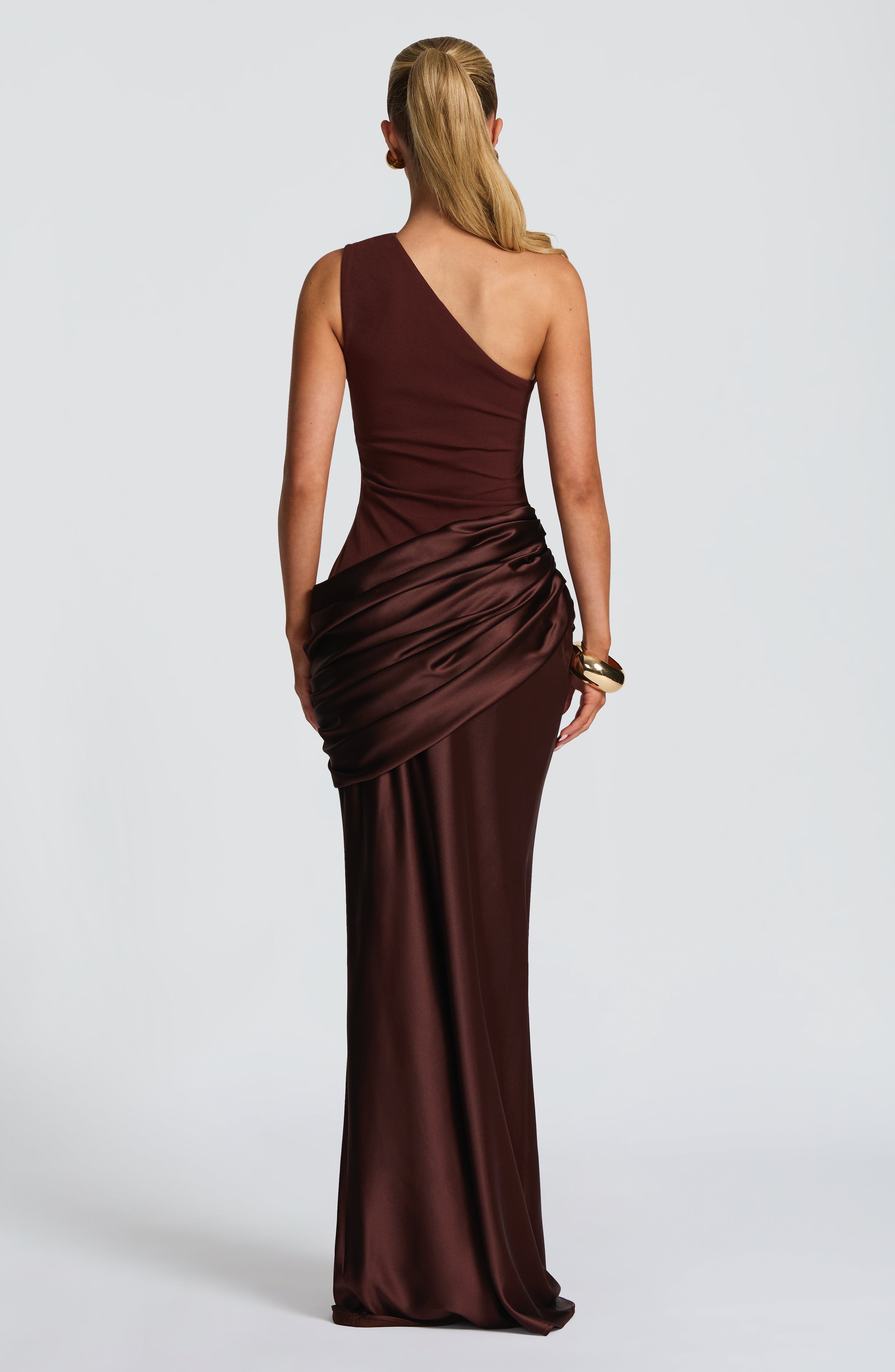 One Shoulder Ruched Draped Satin Style Graduation Dress
