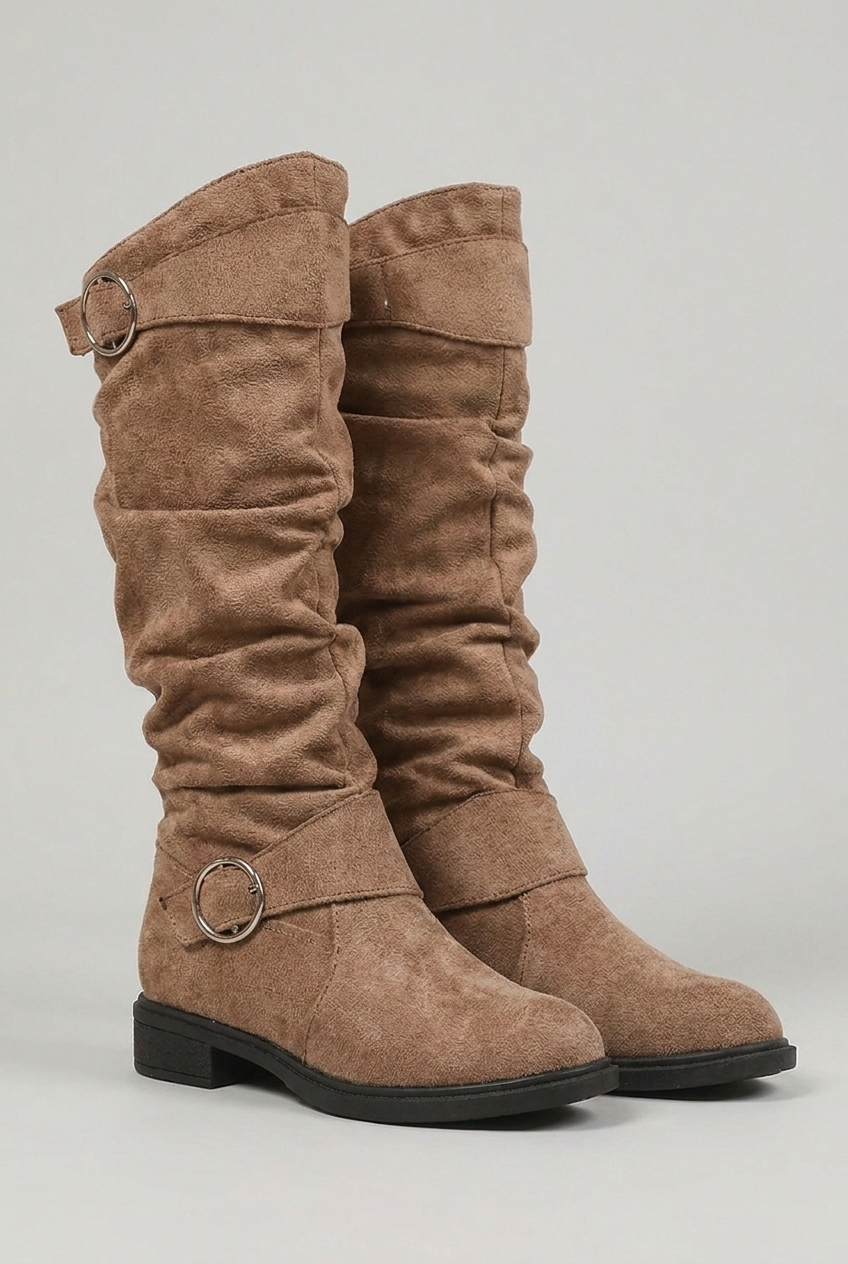 Slouchy Buckle Block Heel Knee High Boots Women