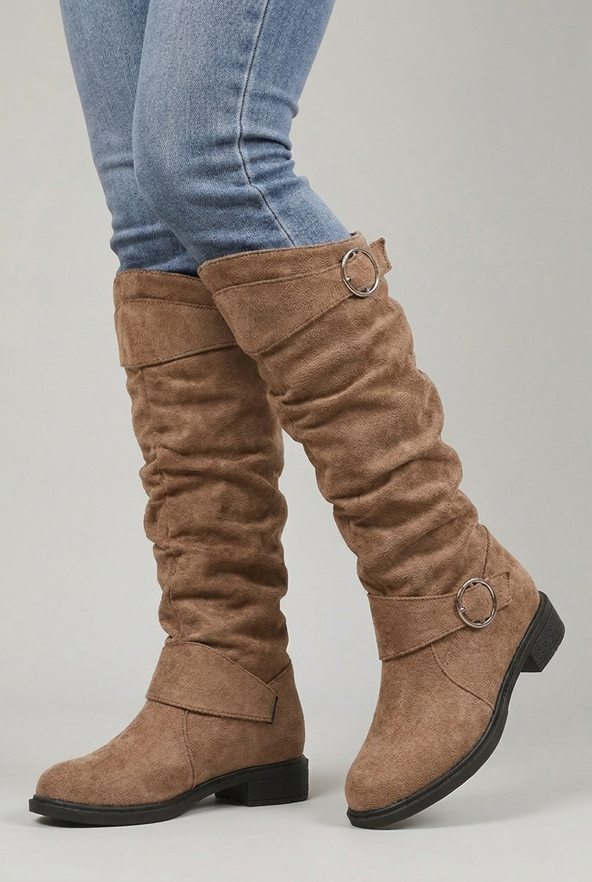 Slouchy Buckle Block Heel Knee High Boots Women