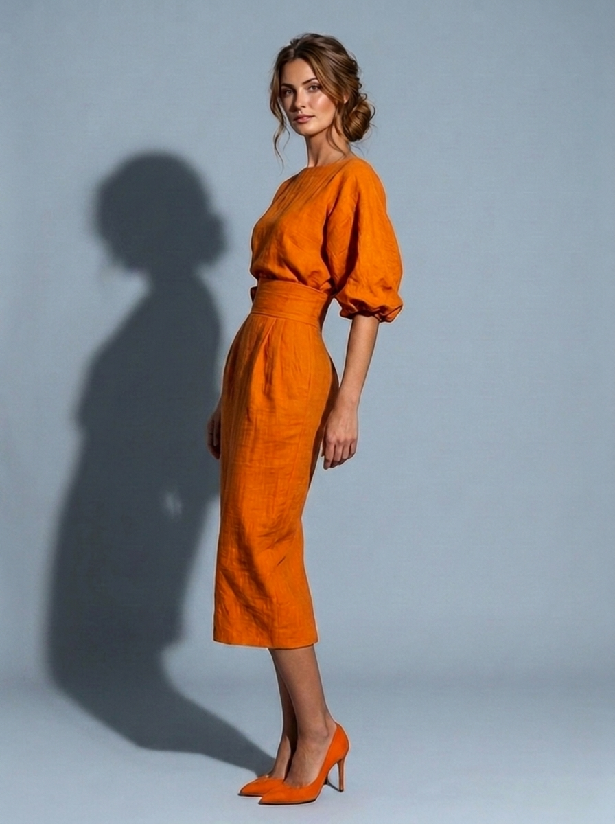 Orange Midi Dress Boat Neck Balloon Sleeve High Waist