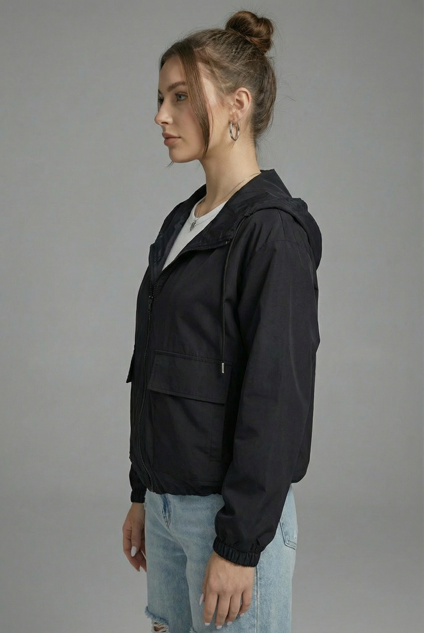 Women’s Black Cropped Spring Jacket Lightweight Hooded Casual Outerwear