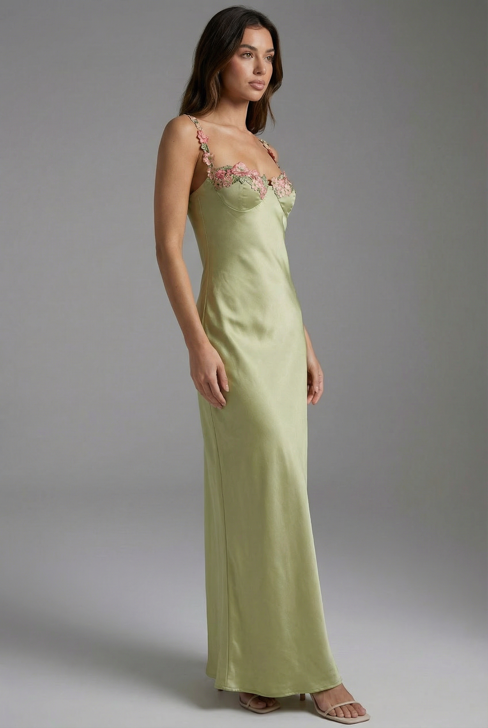 Women’s Lime Green Satin Sleeveless Floral Embroidered Maxi Dress