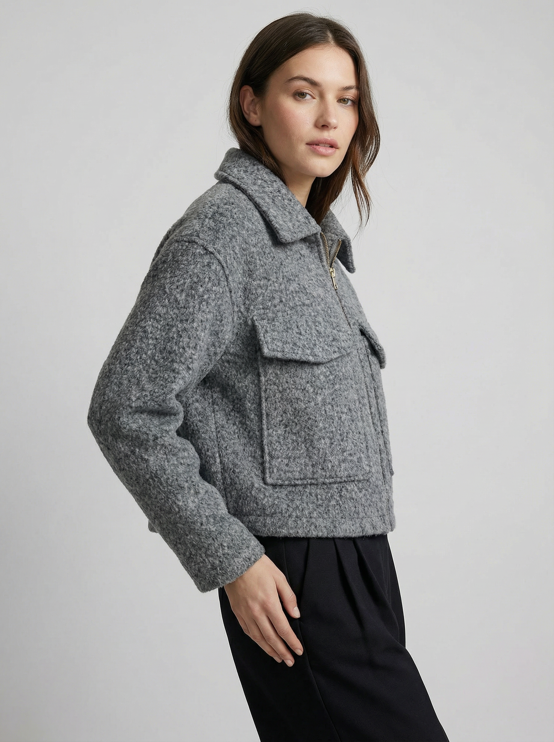 Women’s Gray Cropped Big Front Pocket Wool Blend Zip Jacket