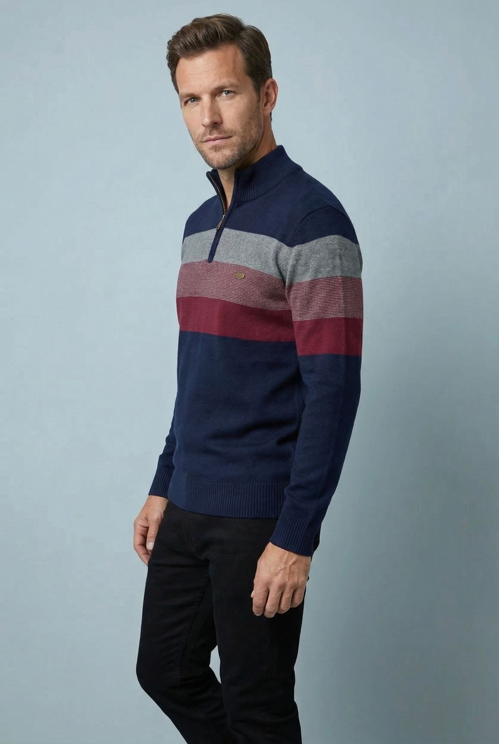 Men’s Striped Quarter Zip Sweater – Soft Knit Jumper