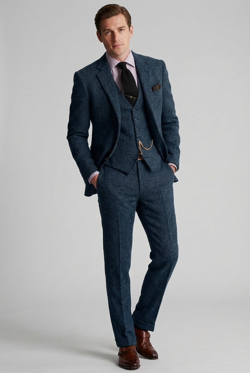 Men’s Three-Piece Tweed Tuxedo – Classic Tailored Suit Set Formal Suit