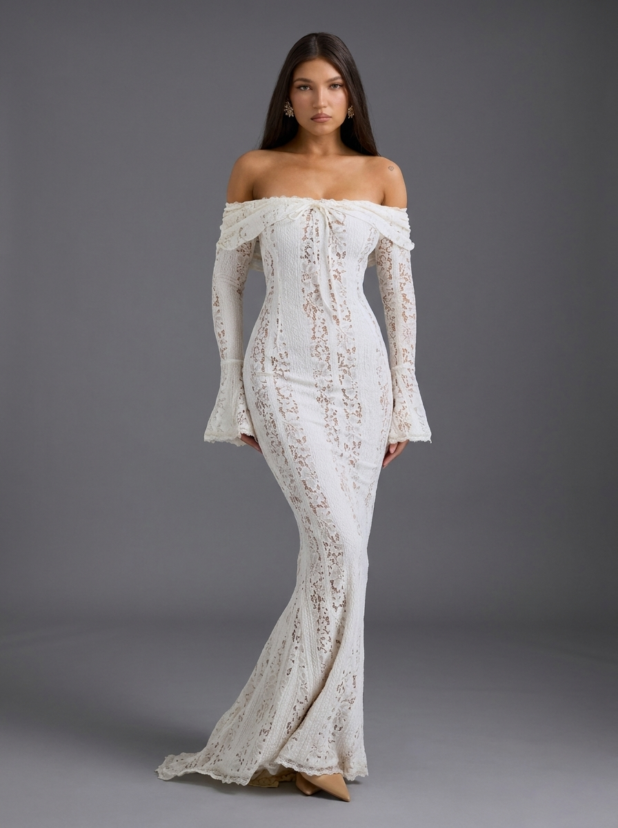 Off Shoulder Long Sleeve Lace Occasion Maxi Dress