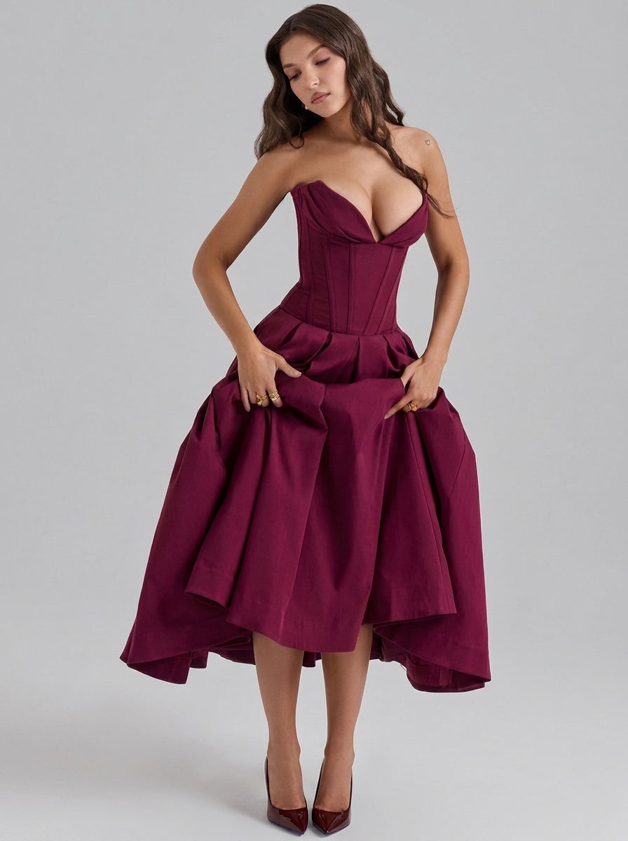 Strapless Corset Pleated Flared Midi Dress
