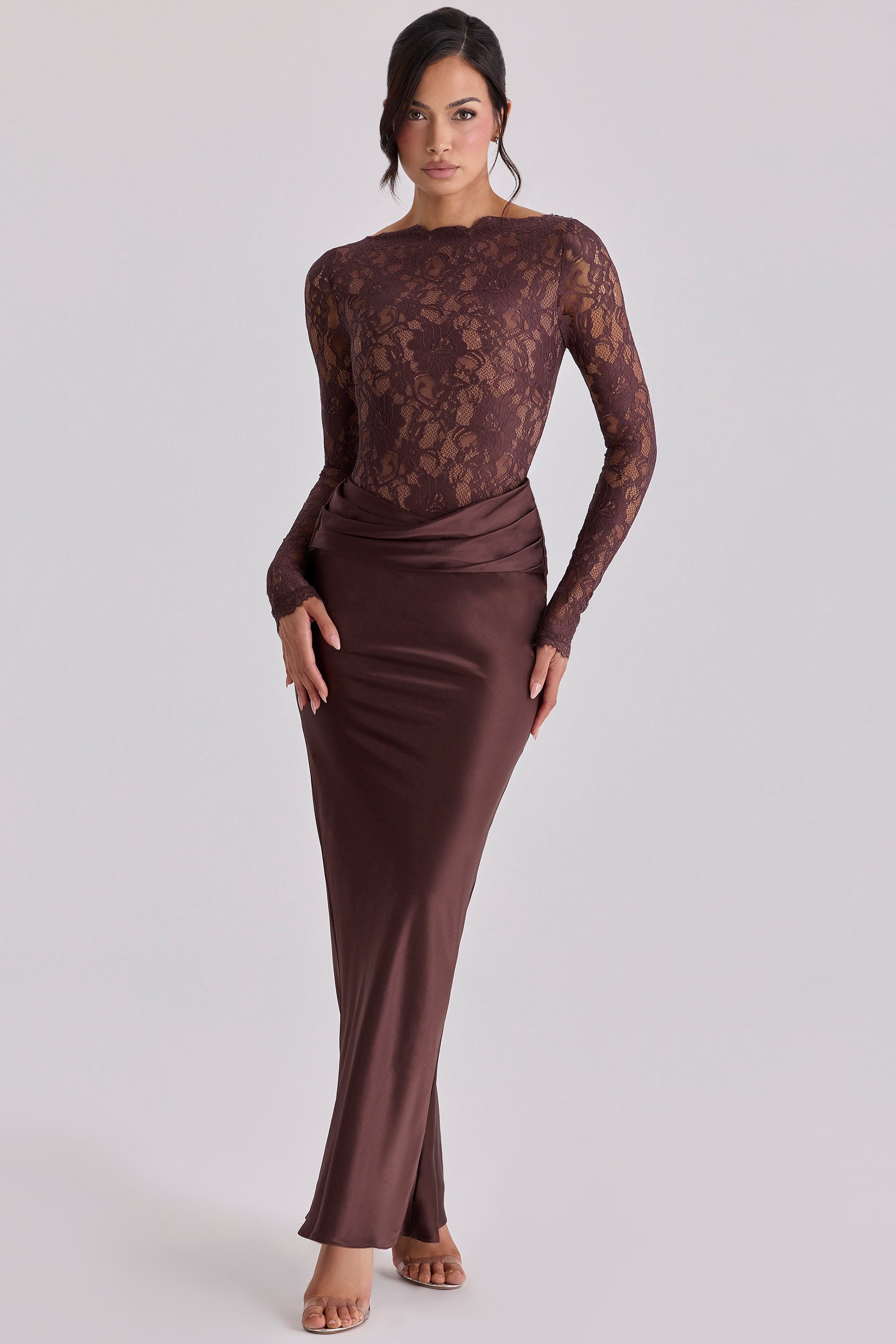 Brown Lace Satin Style Long Sleeve Graduation Maxi Dress