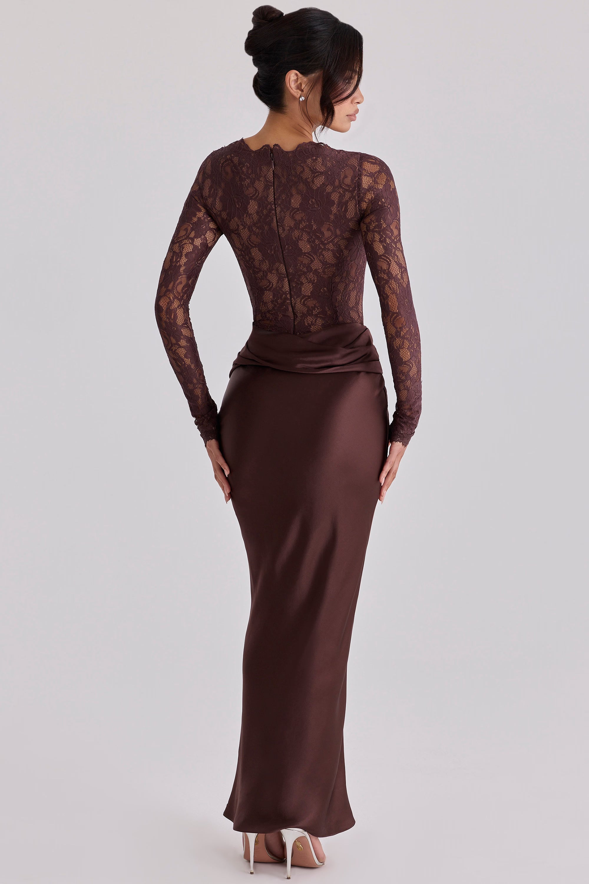 Brown Lace Satin Style Long Sleeve Graduation Maxi Dress