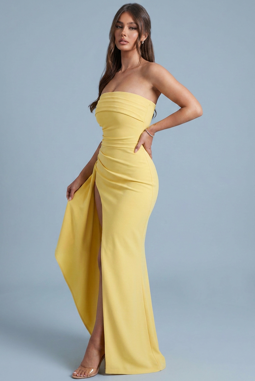 Bodycon Strapless Ruched Split Satin Style Maxi Dress
