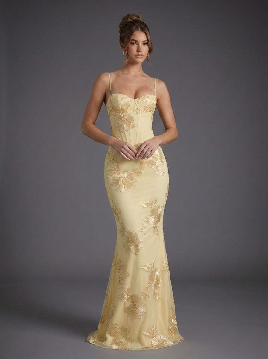 Strappy Embroidered Corset Fishtail Graduation Dress