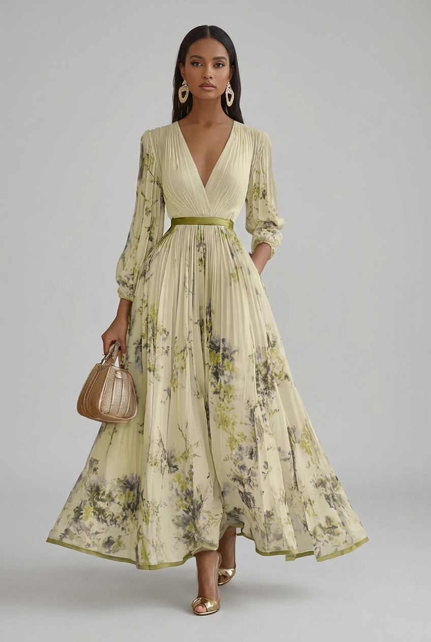 Maxi Wedding Guest Dress Floral V Neck Long Sleeve Pleated