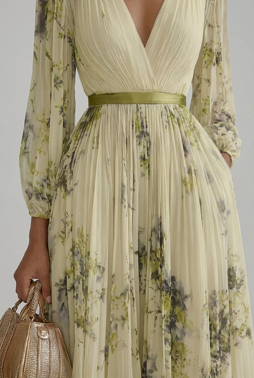 Maxi Wedding Guest Dress Floral V Neck Long Sleeve Pleated