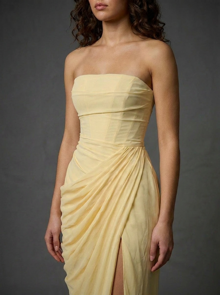 Strapless Draped High Split Prom Maxi Dress