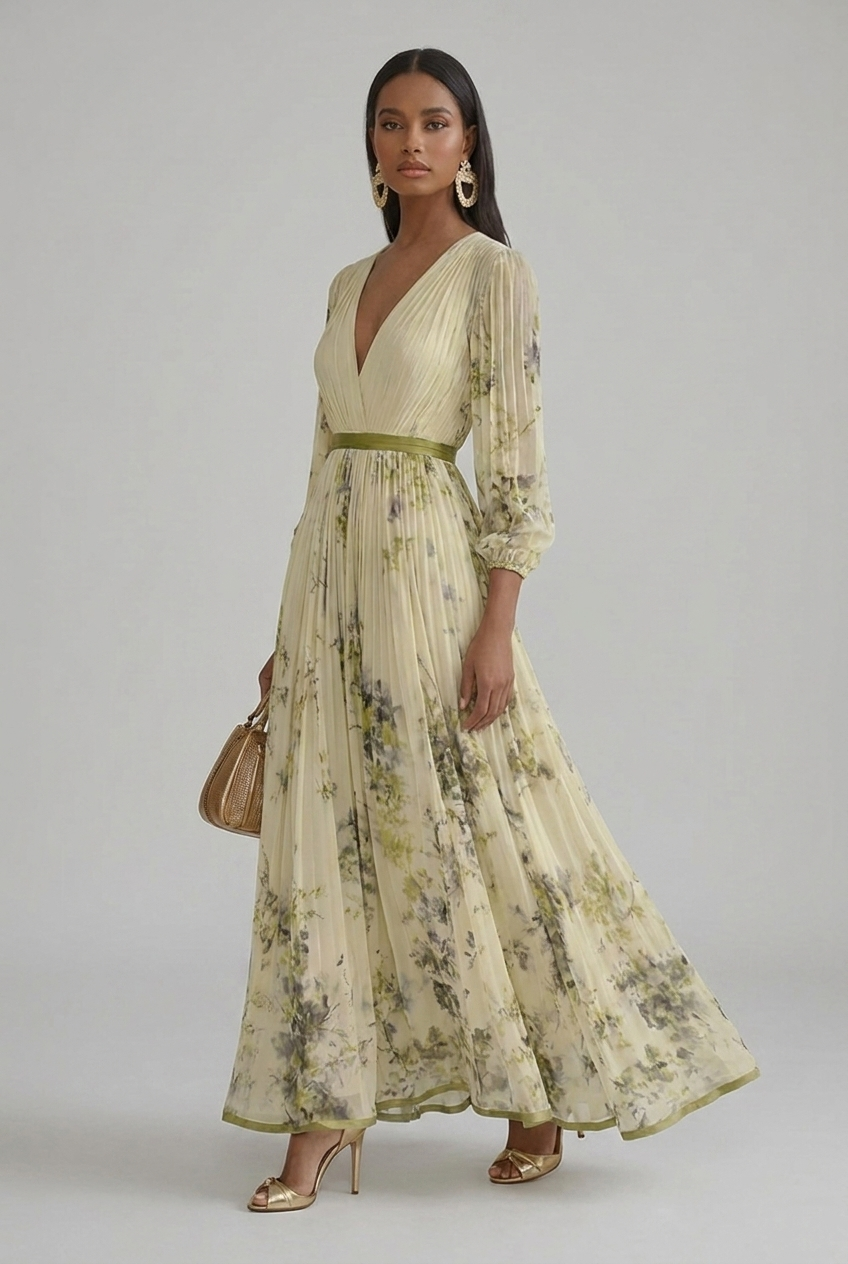 Maxi Wedding Guest Dress Floral V Neck Long Sleeve Pleated