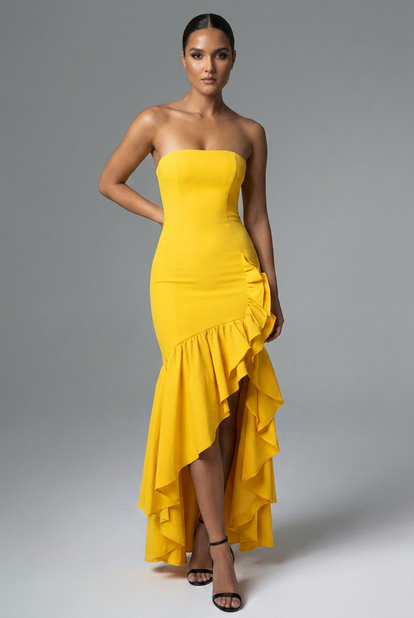 Strapless Bodycon Ruffle Hem Fishtail Maxi Cocktail Dress
