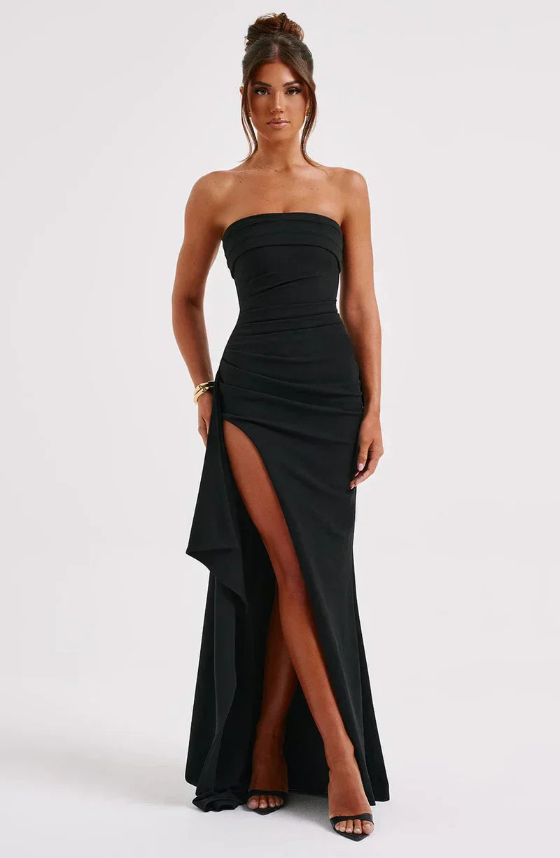Women’s Strapless Maxi Cocktail Occasion Dress with Leg Split