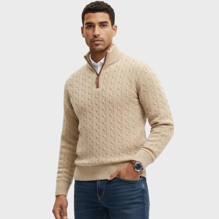 Men's Textured Quarter Zip Cable Knit Embroidery Jumper
