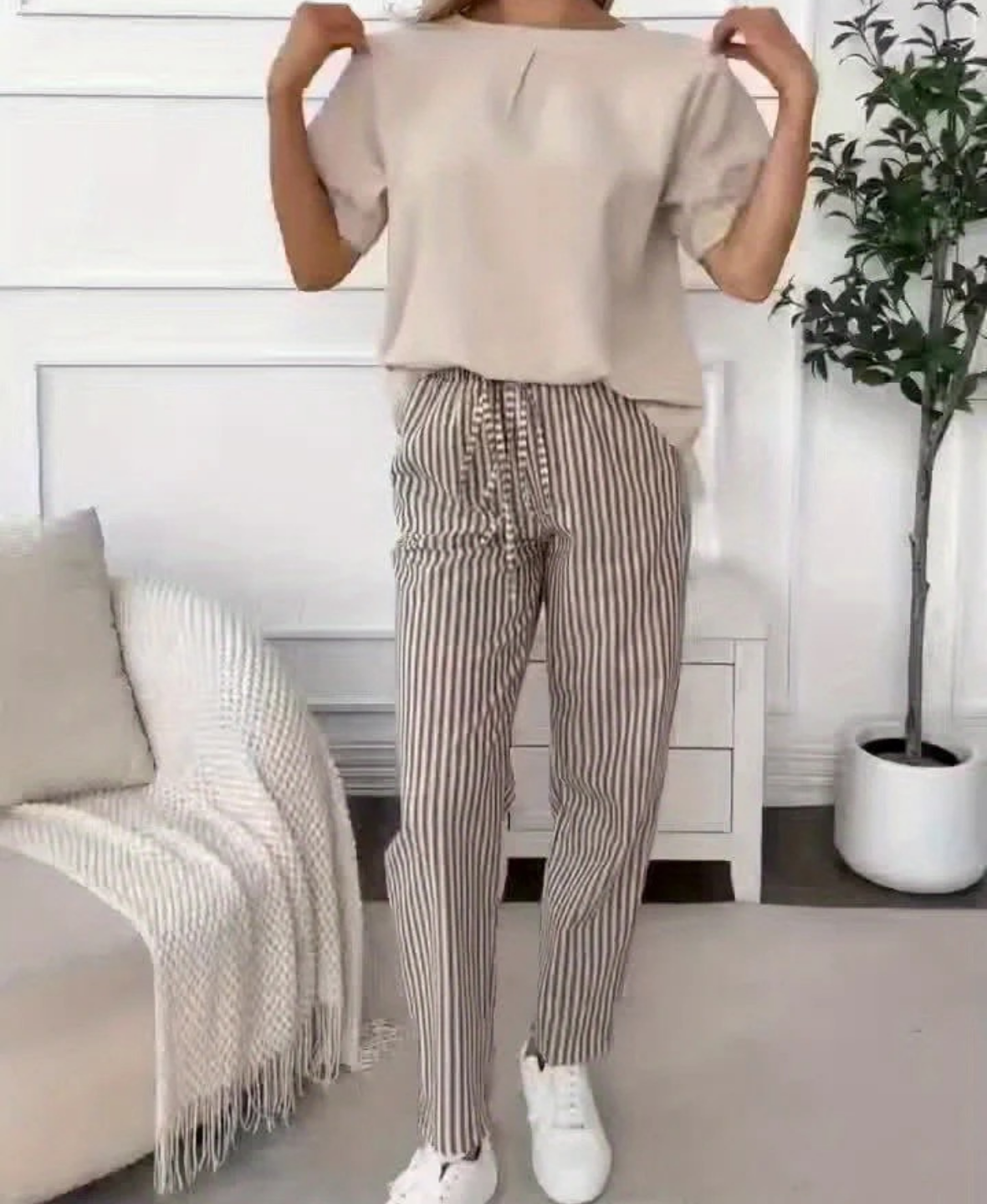 Striped Relaxed Fit Trousers with Drawstring Waist